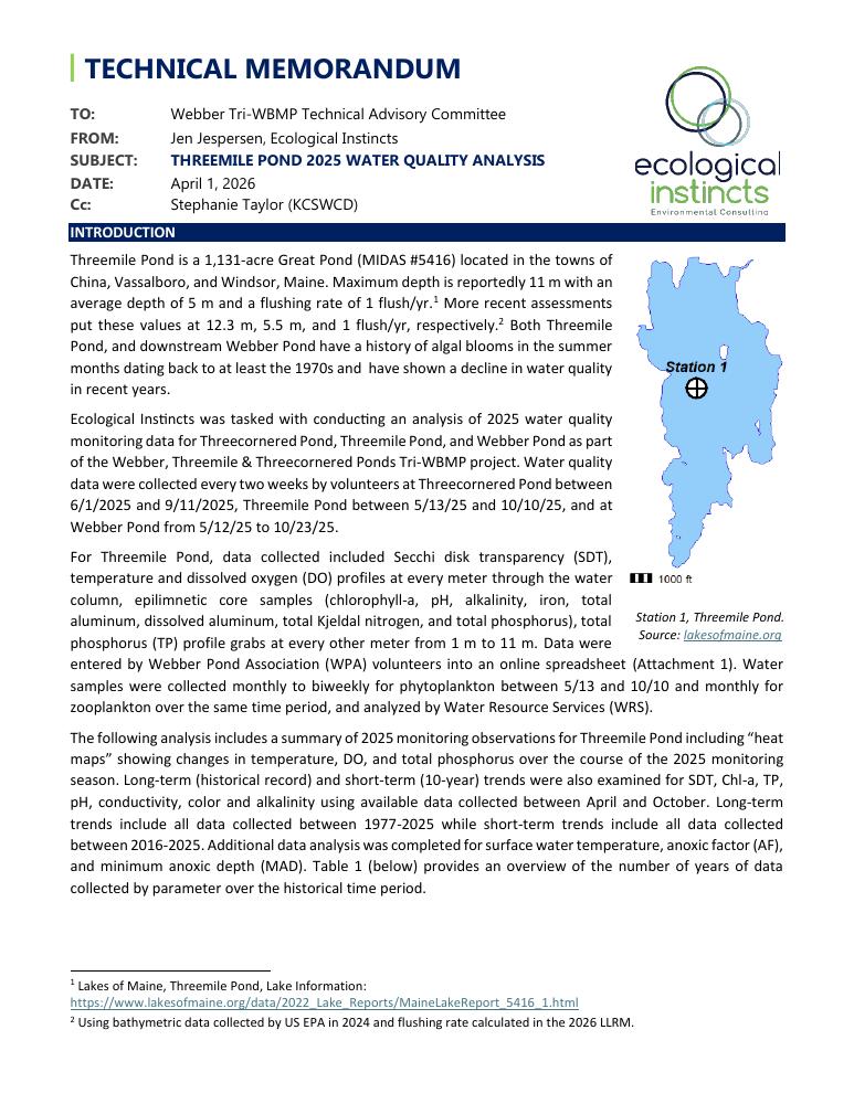 Cover thumbnail of the 2025 Threemile Pond water quality analysis